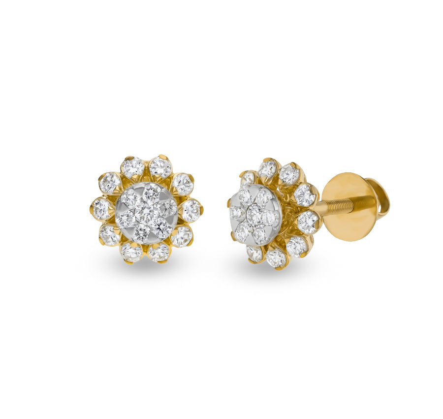 Drip Floral Round Diamond Yellow Gold Minimalist Stud Earrings