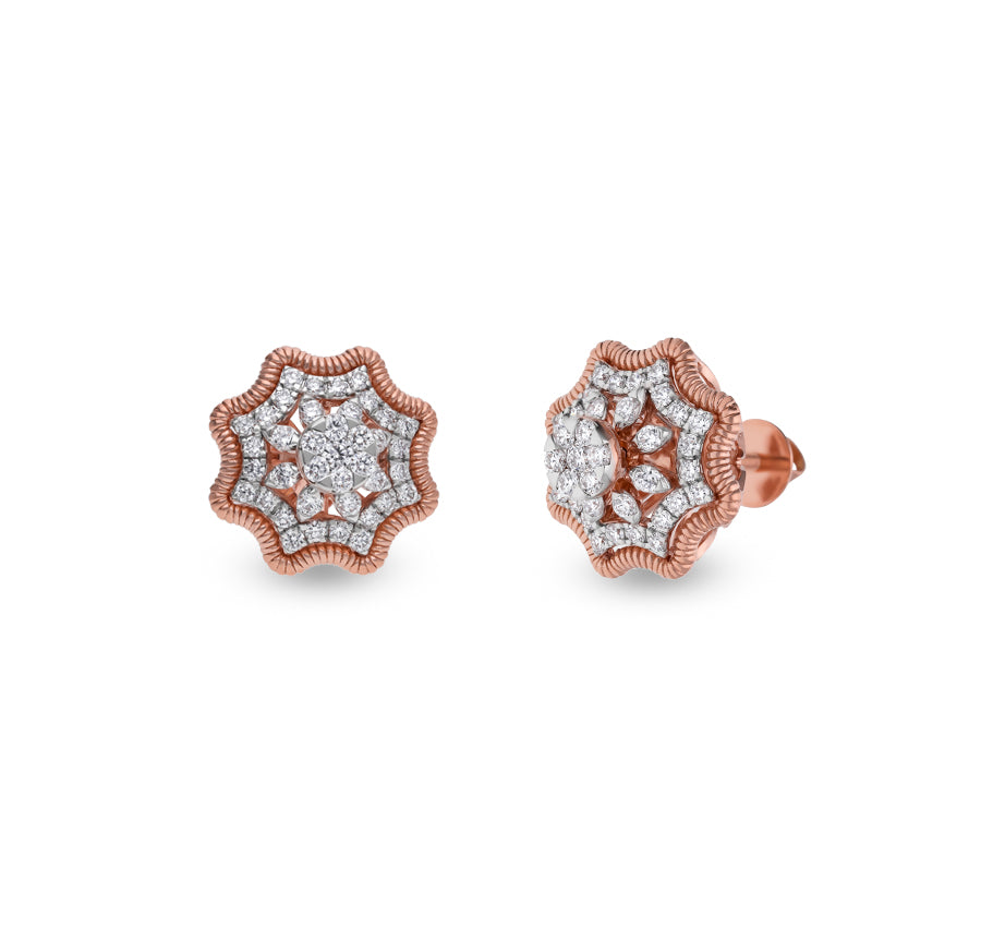 Spiral Feminine Natural Round Cut Diamond Rose Gold Stud Earrings