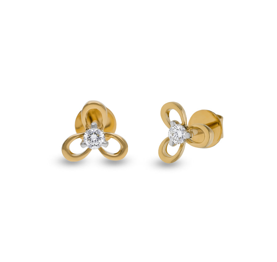 Triple Leaf Floral Yellow Gold Diamond Stud Earrings