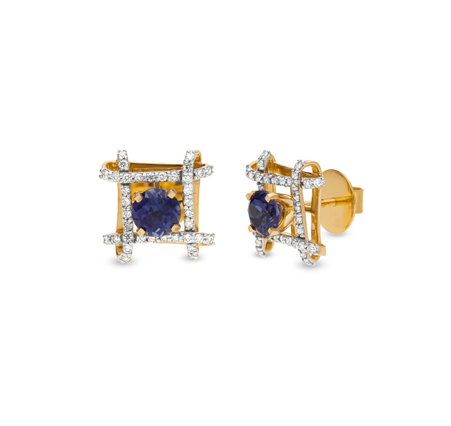 Square Shape Synthetic Blue Stone Yellow Gold Stud Earrings