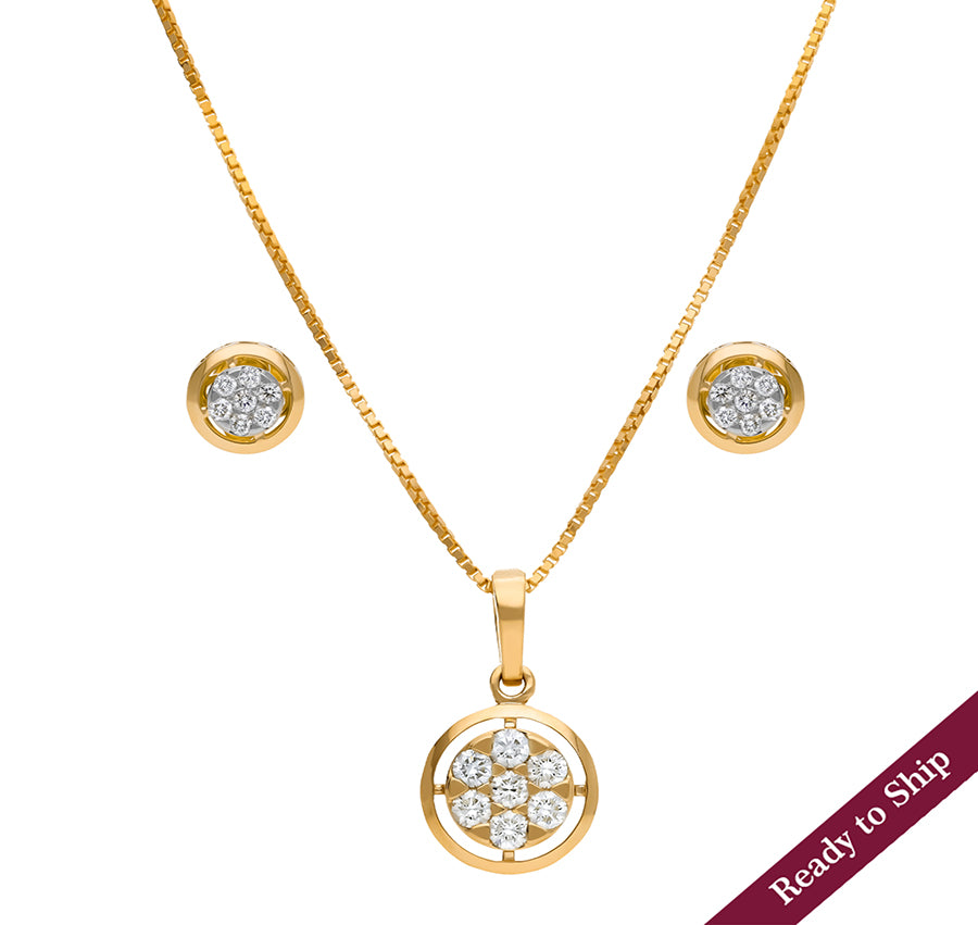 Round Shape With Pressure Setting Yellow Gold Necklace Set