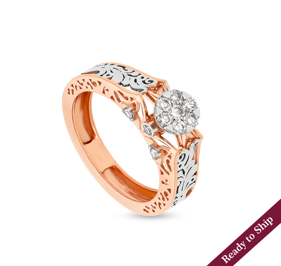 Floral Filigree Round Natural Diamond with Pressure Set Dual Tone Casual Ring