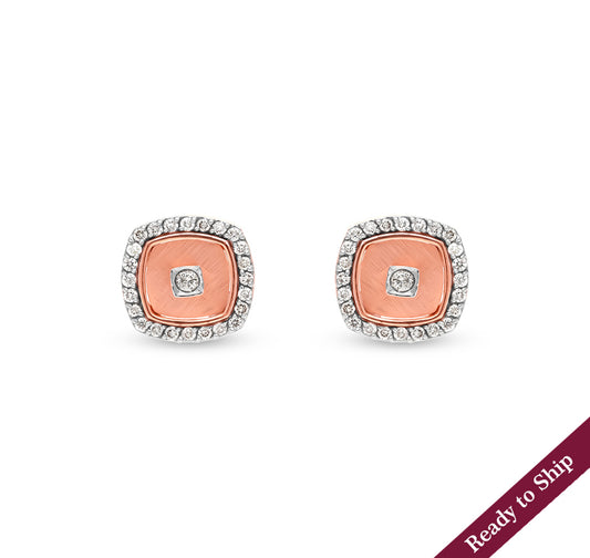 Cushion Shape Round Natural Diamond Rose Gold Stud Earrings