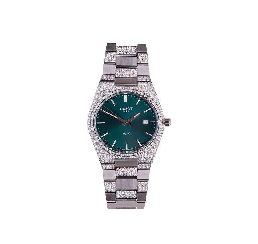 Tissot PRX Quartz Green Dial Natural Diamond Studded Standsteel Watch