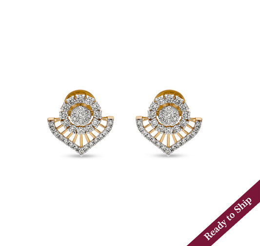 Half Leaf Shape Round Natural Diamond Yellow Gold Stud Earring