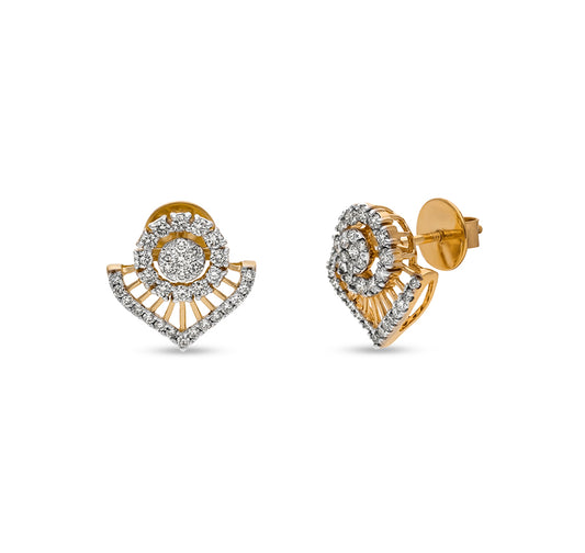 Half Leaf Shape Round Natural Diamond Yellow Gold Stud Earring