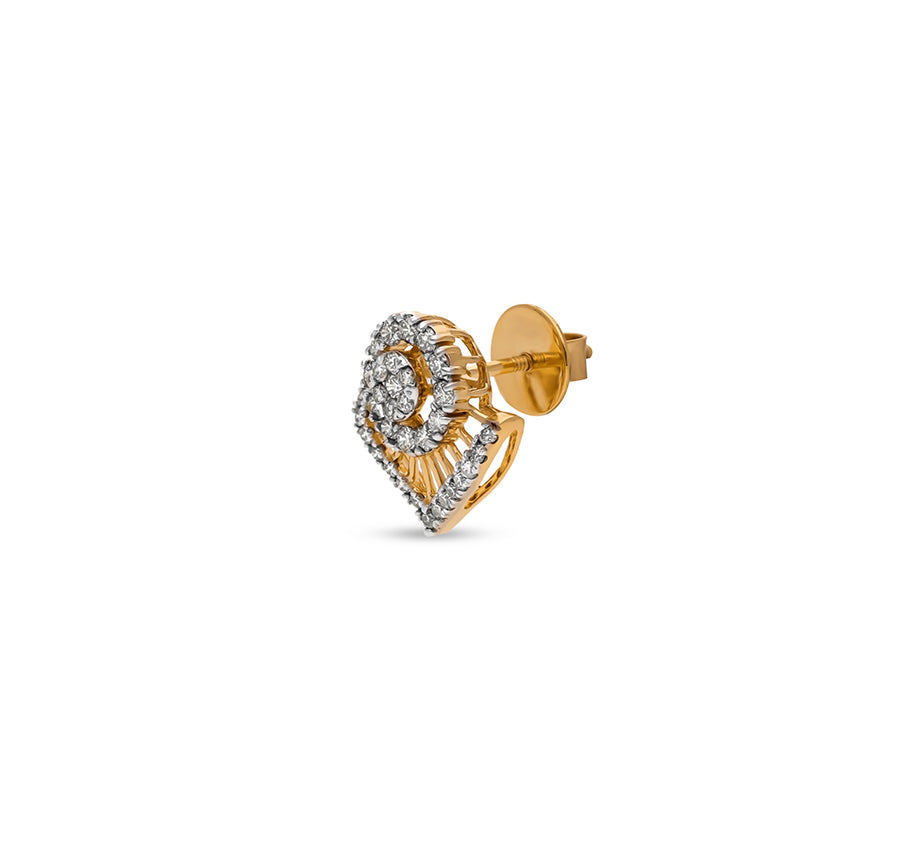 Half Leaf Shape Round Natural Diamond Yellow Gold Stud Earring