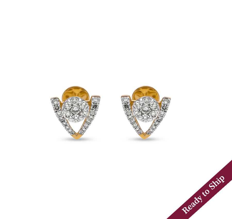 'V' Shape Round Natural Diamond With Prong Set Yellow Gold Stud Earring