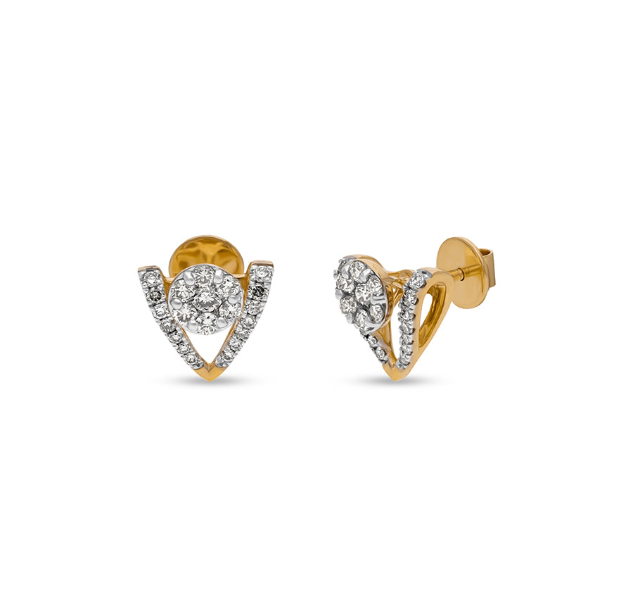 'V' Shape Round Natural Diamond With Prong Set Yellow Gold Stud Earring