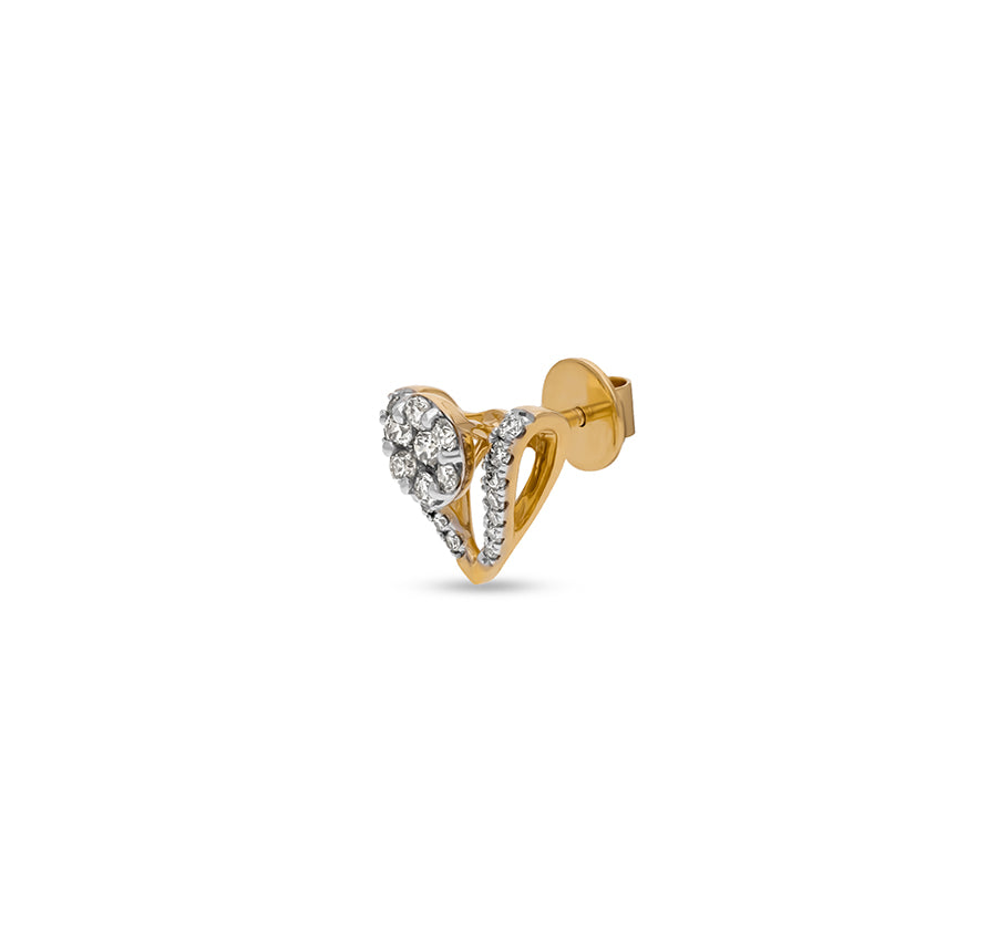 'V' Shape Round Natural Diamond With Prong Set Yellow Gold Stud Earring