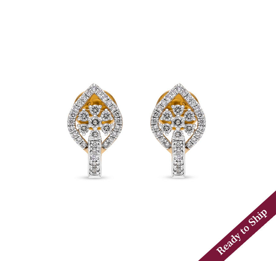 Leaf Shape Round Natural Diamond With Prong setting Yellow Gold Stud Earring