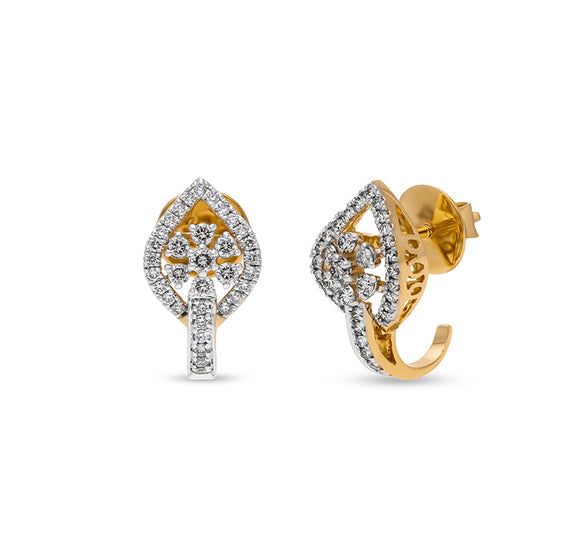 Leaf Shape Round Natural Diamond With Prong setting Yellow Gold Stud Earring