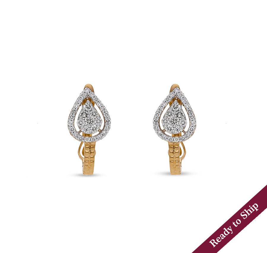 Pear Shape Round Natural Diamond With Prong set Yellow Gold Halo Hoop Earrings