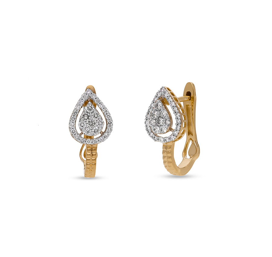 Pear Shape Round Natural Diamond With Prong set Yellow Gold Halo Hoop Earrings