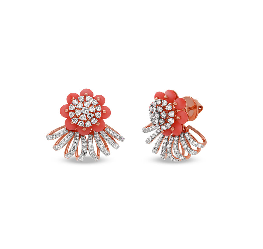 Flower Shape Synthetic Orange Stone Rose Gold Diamond Stud Earrings