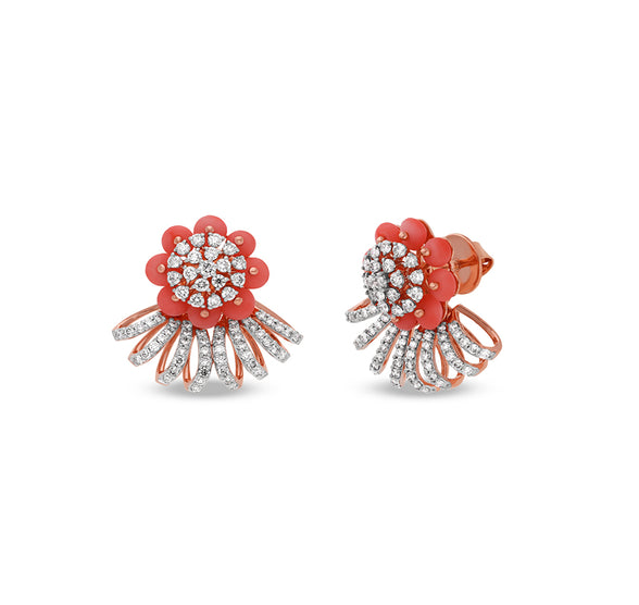 Flower Shape Synthetic Orange Stone Rose Gold Diamond Stud Earrings