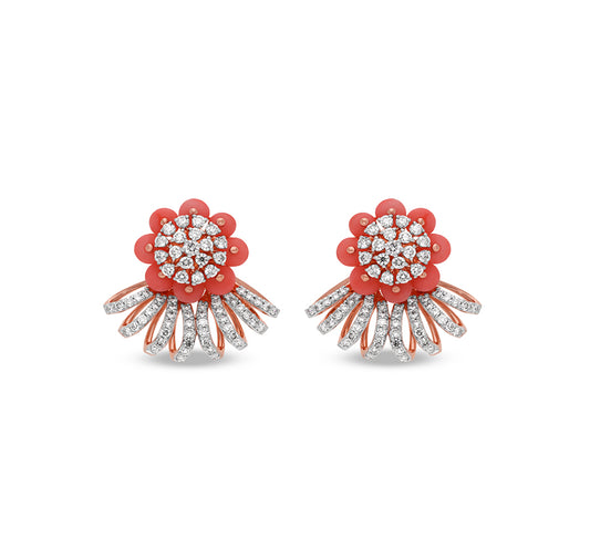 Flower Shape Synthetic Orange Stone Rose Gold Diamond Stud Earrings