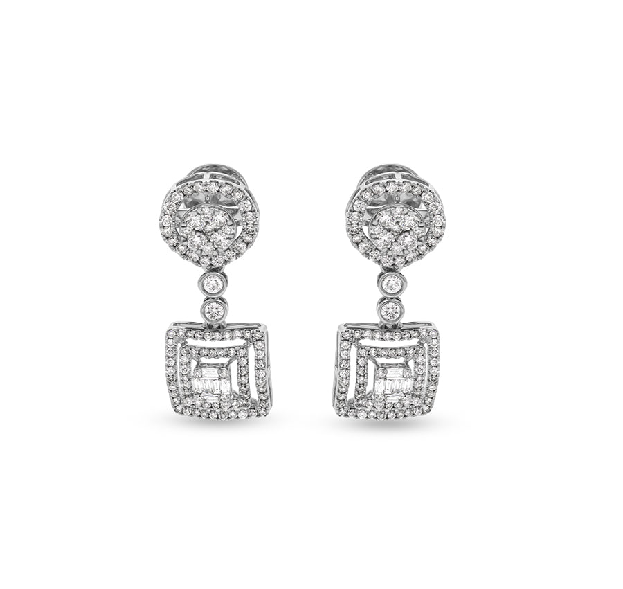 Round Shape Diamond With Prong and Bezel Setting White Gold Drop & Dangle Earrings