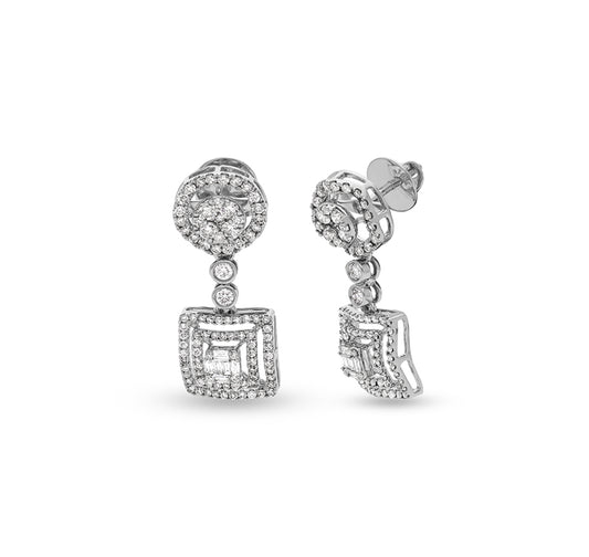 Round Shape Diamond With Prong and Bezel Setting White Gold Drop & Dangle Earrings