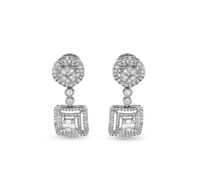 Round Shape Diamond With Prong and Bezel Setting White Gold Drop & Dangle Earrings