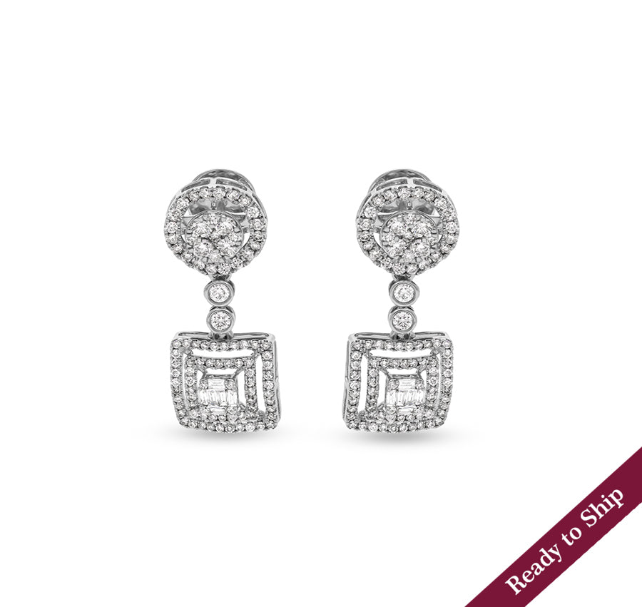 Round Shape Diamond With Prong and Bezel Setting White Gold Drop & Dangle Earrings