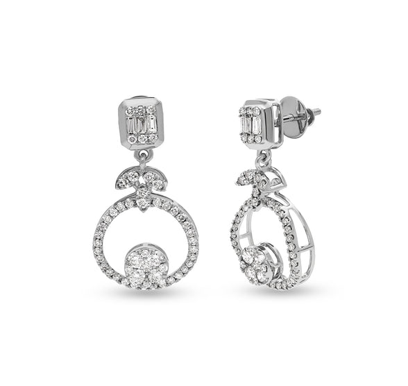 Round Shape Diamond with Prong Setting White Gold Drop & Dangle Earrings