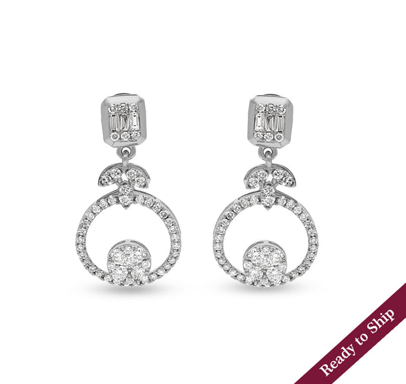 Round Shape Diamond with Prong Setting White Gold Drop & Dangle Earrings