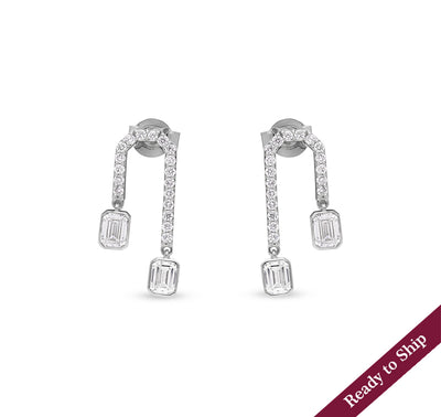 Stiff Drop Emerald Cut Diamond White Gold  Earrings