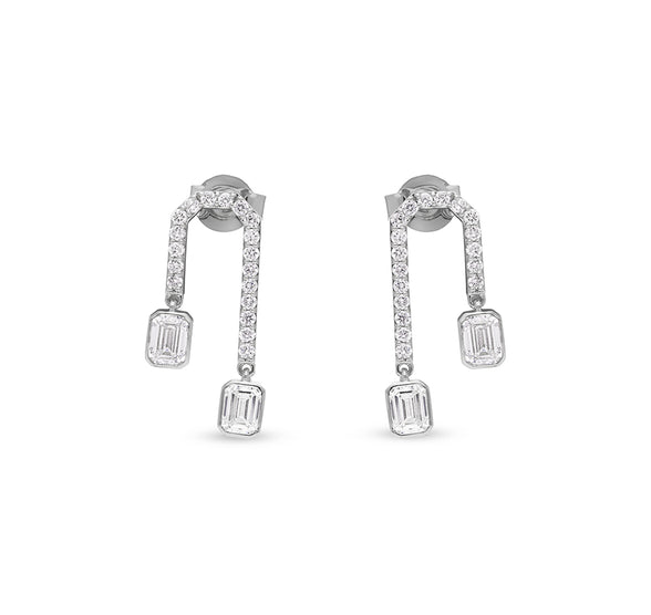 Stiff Drop Emerald Cut Diamond White Gold  Earrings