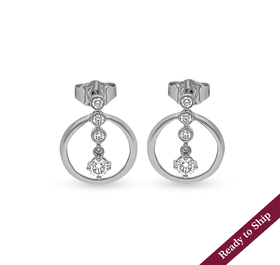 Bezel Setting Round Cut Diamond White Gold Dangle Earrings