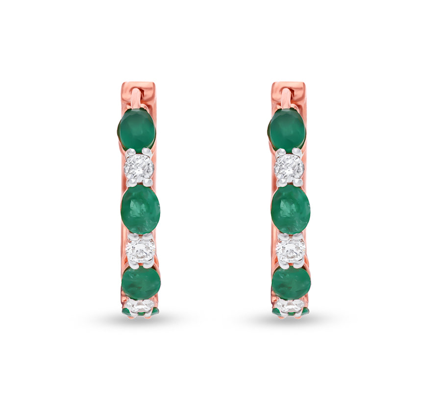 Green Oval Stone and Round Natural Diamond Rose Gold Birthday Gift Women Hoop Earrings