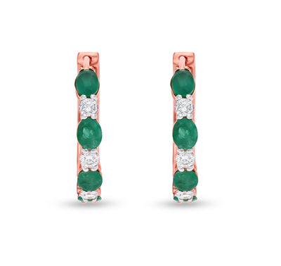 Green Oval Stone and Round Natural Diamond Rose Gold Birthday Gift Women Hoop Earrings