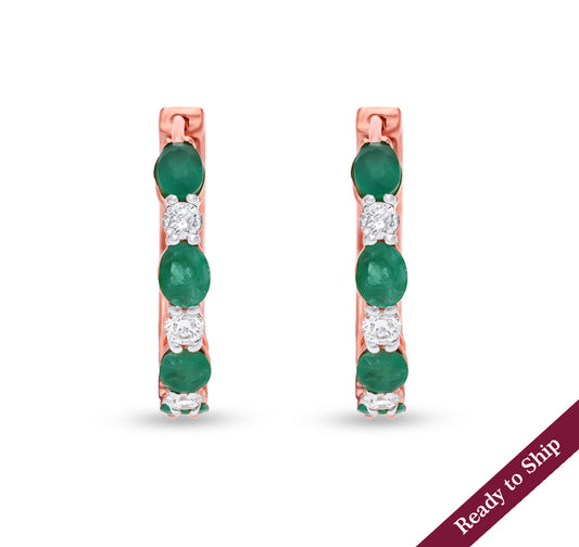 Prong Set Green Oval and Natural Diamond Rose Gold Hoop Earrings