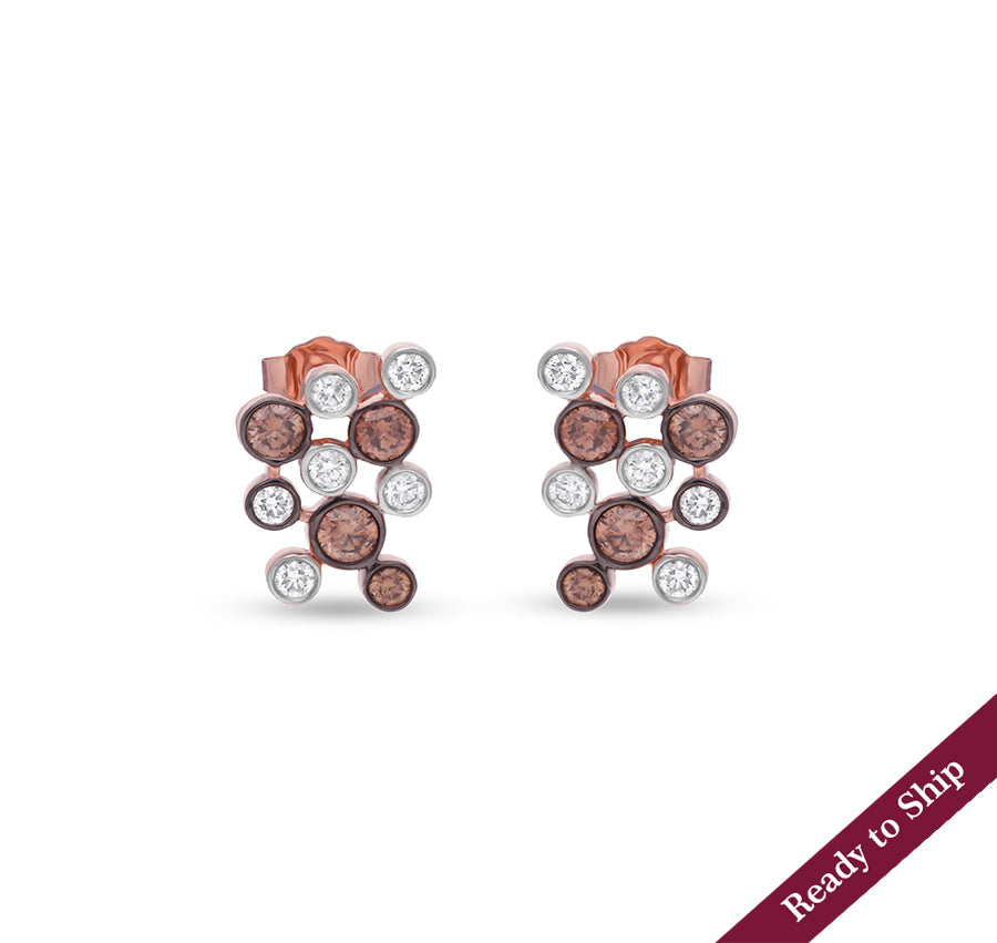 Molecule Shape Brown & White Diamond Rose Gold Stud Earrings