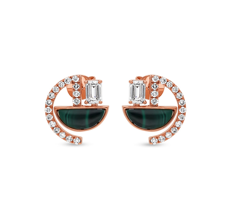 Emerald Cut Diamond and Half-Circle Malachite Rose Gold Stud Earrings