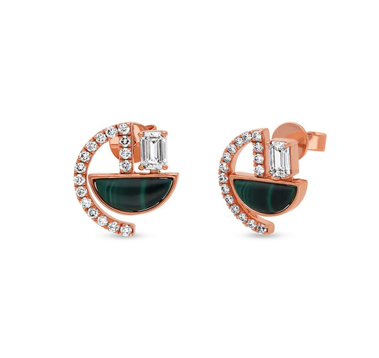 Emerald Cut Diamond and Half-Circle Malachite Rose Gold Stud Earrings