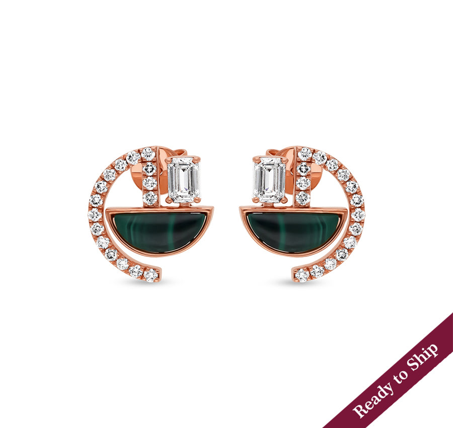 Emerald Cut Diamond and Half-Circle Malachite Rose Gold Stud Earrings