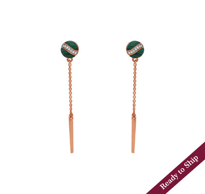 Round Green Malachite Rose Gold Drop and Dangle Earrings