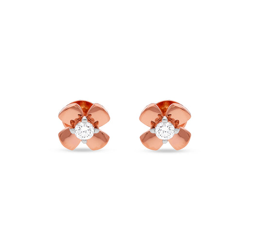 Floral Shape With Center Round Diamond Rose Gold Stud Earrings