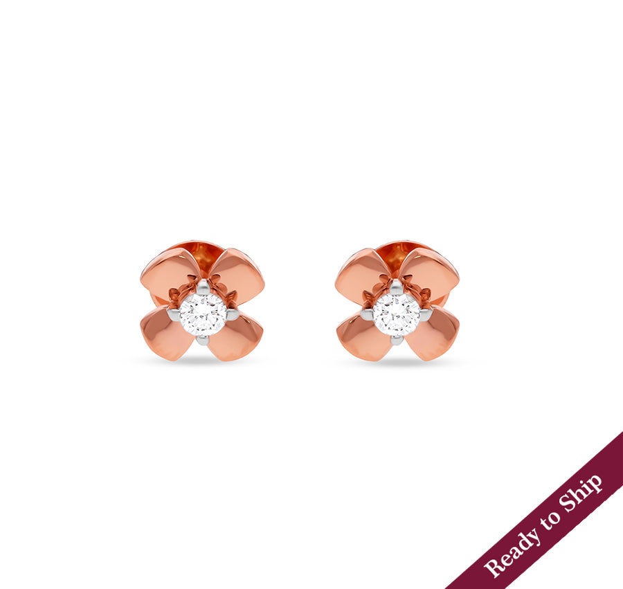 Floral Shape With Center Round Diamond Rose Gold Stud Earrings