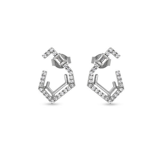 Round and Emerald Shape Diamond White Gold Stud Earrings