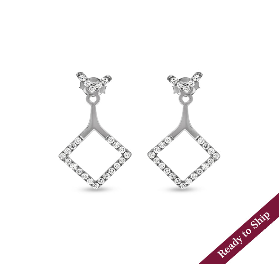 Rhombus Shape Round Natural Diamond White Gold Dangle Earrings