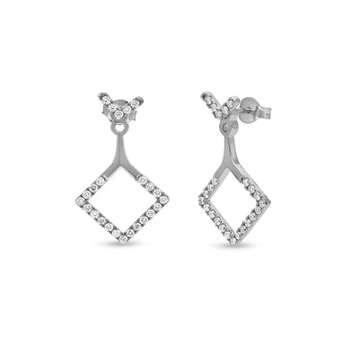 Rhombus Shape Round Natural Diamond White Gold Dangle Earrings