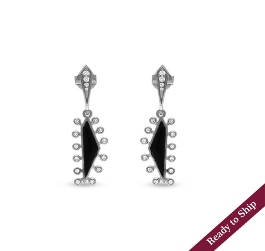 Black Onyx Round Natural Diamond White Gold Drop & Dangle Earrings