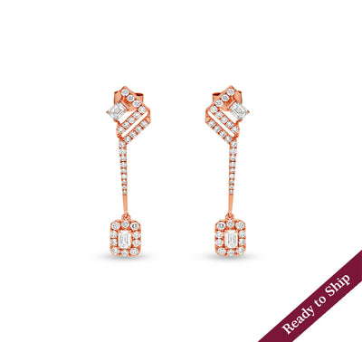 Emerald Cut Diamond Round Prong Setting Rose Gold Dangle Earrings