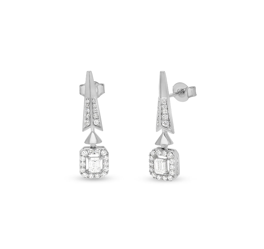 Dangle Emerald Cut Diamond White Gold Earrings