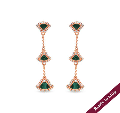 Green Malachite Natural Round Diamond Rose Gold Drop & Dangle Earrings