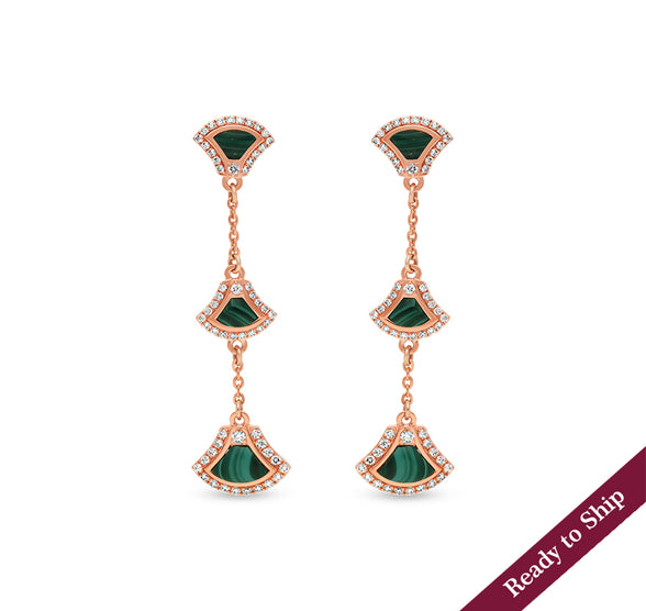 Green Malachite Natural Round Diamond Rose Gold Drop & Dangle Earrings