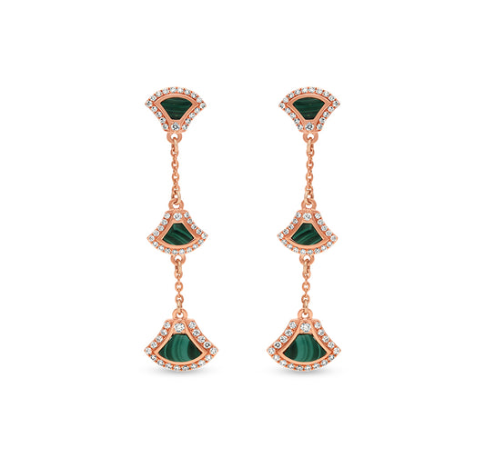 Green Malachite Natural Round Diamond Rose Gold Drop & Dangle Earrings