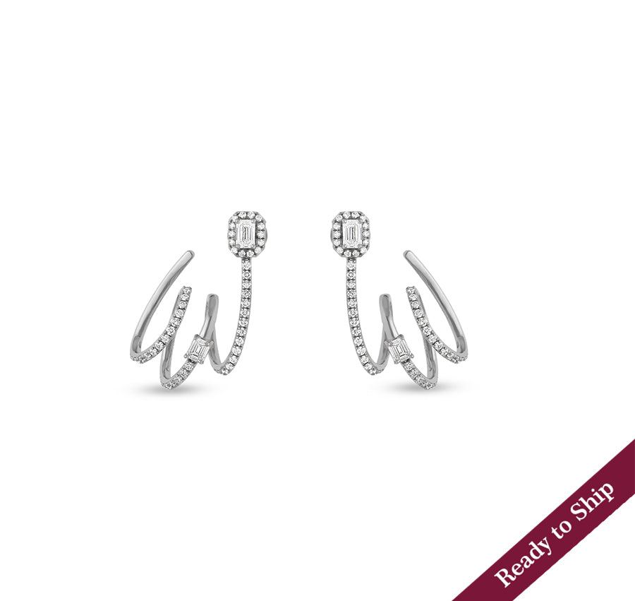 Emerald Cut Diamond White Gold Spiral Stud Earrings